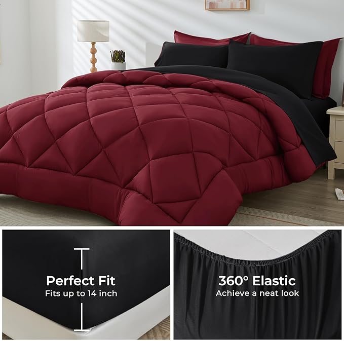 HEVUMYI Red & Black King Comforter Set - 7-Piece All Season Bed in a Bag King, Ultra Soft Burgundy Bedding Set with Comforter, Flat Sheet, Fitted Sheet, Pillowcases, Pillow Shams, Burgundy Red & Black
