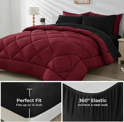 HEVUMYI Red & Black Queen Comforter Set - 7-Piece All Season Burgundy Bed in a Bag Queen, Ultra Soft Bedding Set with Comforter, Flat Sheet, Fitted Sheet, Pillowcases, Pillow Shams, Burgundy