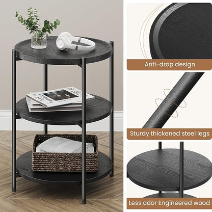 Side Table, 3-Tier Modern End Table with Wheels, Small Round Nightstand Bedside Table for Living Room, Bedroom, or Small Spaces-Black