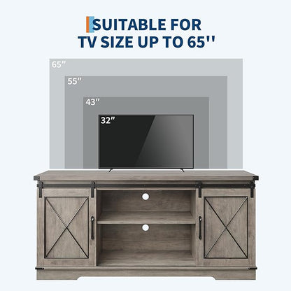 CABIHOME Farmhouse TV Stand and Entertainment Center for TV Up to 65 Inches with Sliding Barn Doors and Adjustable Shelf, TV Media Storage Console Table and Furniture for Living Room, Bedroom, Grey