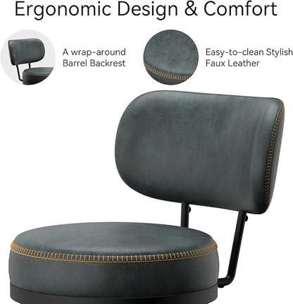 Counter Height Bar Stools, 26" H Swivel Barstools Set of 4, Faux Leather Kitchen Counter Stools with Back and Stylish Stitching, Metal Frame, Pub, Home Bar, Balck Green