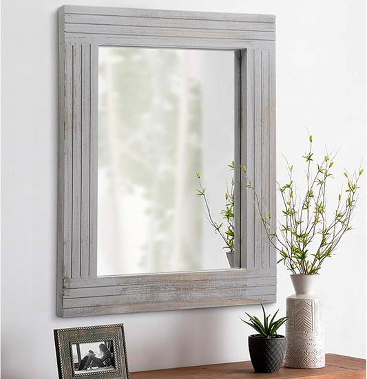 Rustic Mirror Wooden Frame Rectangular Antique Wall Mirror Decor Farmhouse Bedroom Dresser Bedroom Entryway Mirror Large Light Gray 20"x16"
