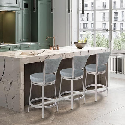 Bar Stools, Counter Height Barstools Set of 2, 25" Linen Fabric Metal Round Swivel Bar Chairs with Back, Modern Upholstered Counter Stools for Kitchen Island, Grey & White