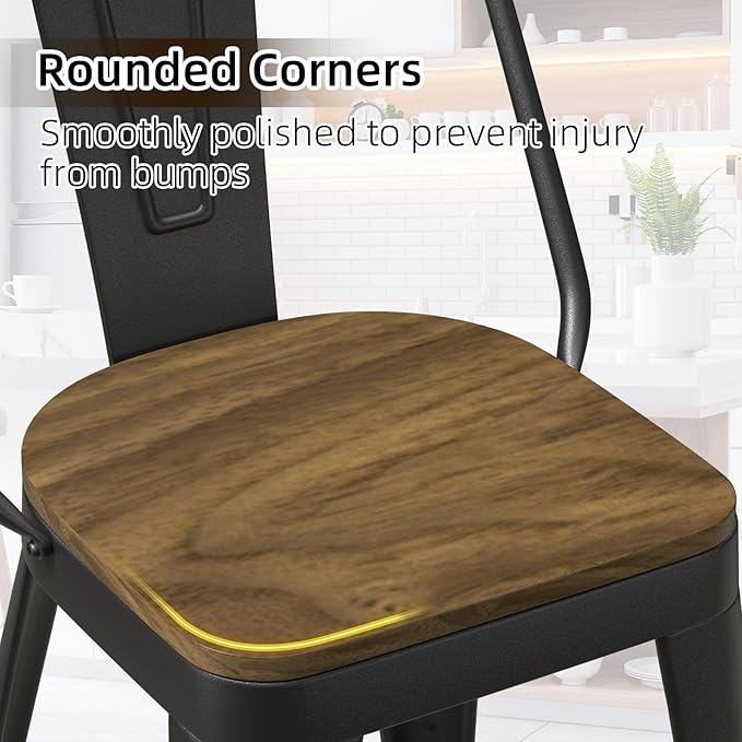 Metal Bar Stools Set of 4, High Back Bar Stools with Wooden Seat, 24 inch Black Barstools for Kitchen Island