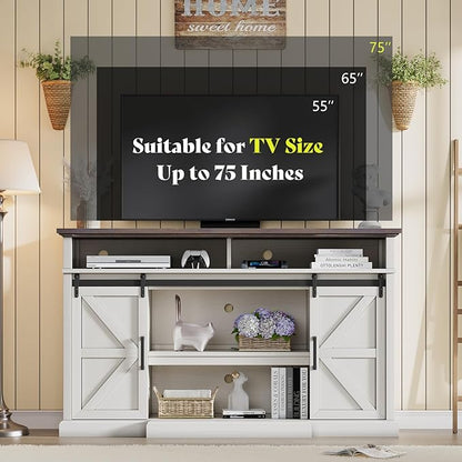66" Farmhouse TV Stand for 75 Inch TVs, 40" Tall Entertainment Centere with Sliding Barn Doors, Rustic Media Console Table Storage Cabinet with Adjustable Shelves, Living Room, Antique White