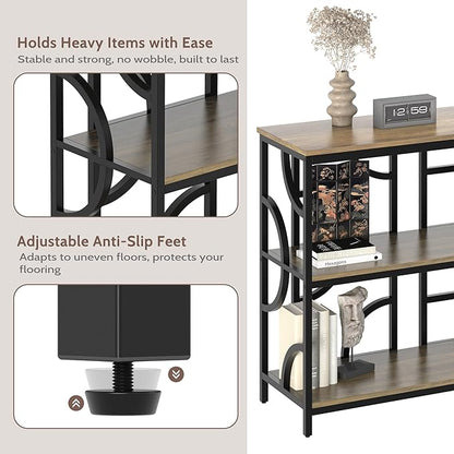 55'' Industrial Sofa Table, 3-Tier Storage Console Table with Unique Geometric Design, Behind Couch Accent Table for Entryway, Living Room, Foyer, Hallway, Office - Rustic Brown