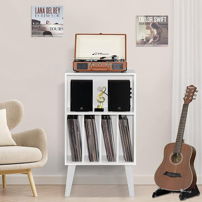 Lerliuo Record Player Stand, White Turntable Stand Holds up to 160 Albums, Mid-Century Vinyl Storage Cabinet Table with Solid Wood Legs, Record Player Holder Dispaly Shelf for Bedroom Living Room