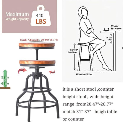 Diwhy Industrial Vintage Bar Stool, Kitchen Counter Height Adjustable Pipe Stool, Cast Iron, Swivel, Metal, 27 Inch, Fully Welded Set (Brown Wooden Top)