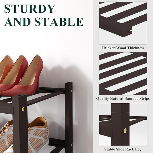 Smiry Shoe Rack, 2 Tier Long Bamboo Shoe Organizer, Stackable Free Standing Wooden Shoe Storage Shelf for Closet, Entryway, Front Door Entrance, Brown