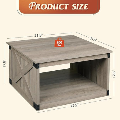 WLIVE Coffee Table, Farmhouse Coffee Table with Open Storage, 31.5" Wood Square Living Room Tables, Rustic Dining Cocktail Center Table for Living Room, Greige