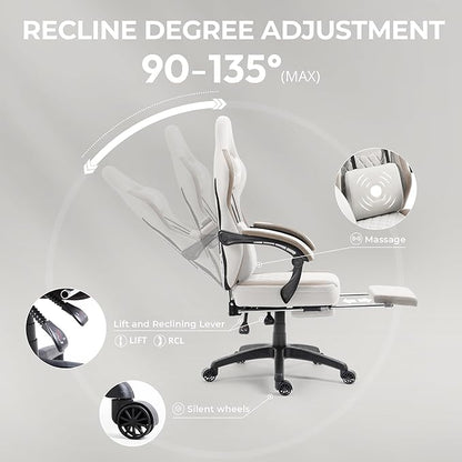Dowinx Gaming Chair Breathable Fabric Computer Chair with Pocket Spring Cushion, Comfortable Office Chair with Gel Pad and Storage Bag,Massage Game Chair with Footrest,Beige