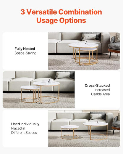 VEVOR Nesting Tables, Coffee Table Set of 2, 31.5 inch Round Coffee Table, Small Coffee Tables Night Stand with Metal Frame, for Living Room, Bedroom, Office (White & Gold)