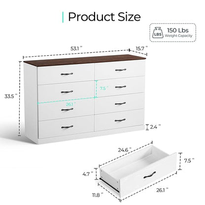 LINSY HOME 8 Drawer Dresser for Bedroom, 54" Wide Chest of Drawers, Modern TV Stand Dressers with Wood Frame and Metal Handles, Large Drawer Organizer for Bedroom, Living Room, White