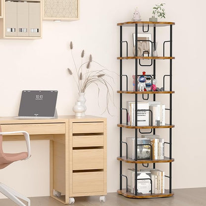 5-Tier Rotating Book Shelf, 360° Display Spinning Bookshelf Tower, Book Organizer, Floor Standing Bookcases for Small Space, Corner Book Shelf for Bedroom, Living Room, Study Room (RUSTIC BROWN)