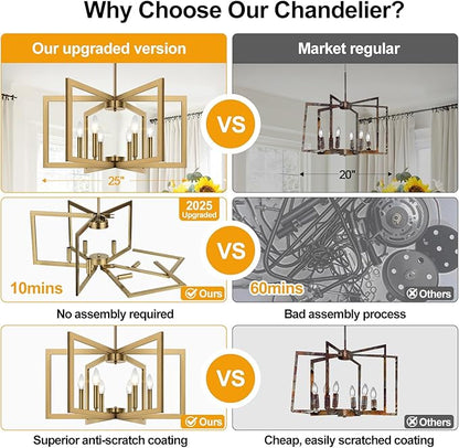25" Modern Brass Chandelier for Dining Room (6-Light, 25-Inch), Geometric Brass Dining Room Light Fixture Over Table, Industrial Metal Hanging Pendant Lights for Kitchen Island, Entryway, Foyer