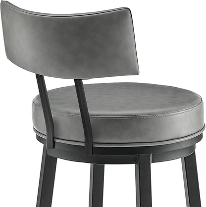 Armen Living Dalza Swivel Counter or Bar Stool in Black Finish with Grey Faux Leather