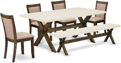 East West Furniture X727MZ716-6 6 Piece Dinette Set Contains a Rectangle Dining Table with X-Legs and 4 Dark Khaki Linen Fabric Parson Chairs with a Bench, 40x72 Inch, Multi-Color
