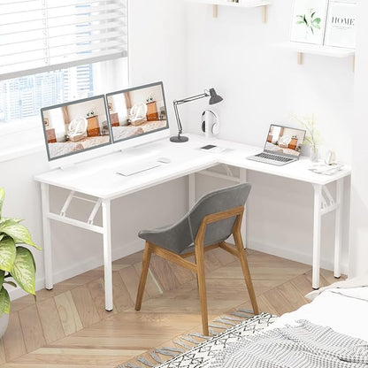 DlandHome Reversible L-Shaped Desk Large Corner Desk Folding Table Computer Desk Home Office Table Computer Workstation, White DND-ND11-WW