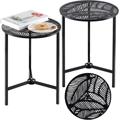 2 Packs 13" Metal Outdoor Side Tables Small Black Outside End Table for Patio Round Accent Corner Stand for Small Spaces Weather-Resistant Coffee Table for Balcony Porch Plant Stand, Palm Leaf