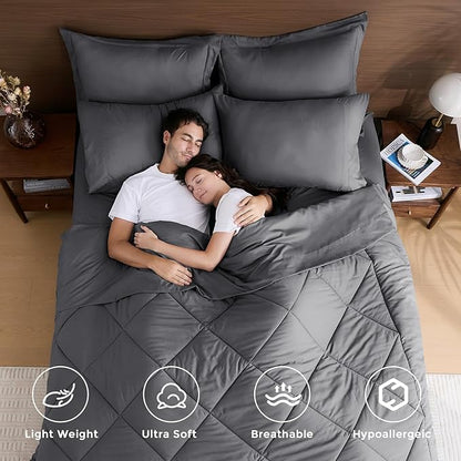 HEVUMYI Full Comforter Set - 7-Piece All Season Bed in a Bag Full, Ultra Soft Bedding Set with Comforter, Flat Sheet, Fitted Sheet, Pillowcases, Pillow Shams, Dark Grey