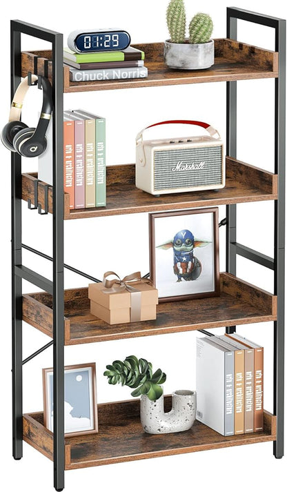 Rolanstar Bookshelf 4 Tier with 4 Hooks, Industrial Bookcase, Vintage Storage Rack with Open Shelves, Rustic Standing Bookshelves Metal Frame Display Rack for Living Room, Bedroom, Rustic Brown