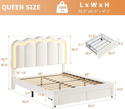 Queen Upholstered LED Bed Frame with 2 Storage Drawers and Adjustable Chic Double Wavy Headboard, Velvet Princess Platform Bed with Charing Station, Solid Wood Slats Support,No Box Spring Needed,Beige