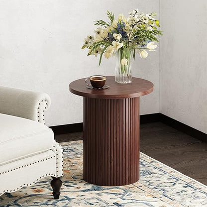 Walnut Pedestal Side Table 16.93'' Dia, Mid Century Modern Farmhouse Accent End Table, Fluted Base Design, Fully Assembled, for The Living Room and Bedroom, 22.44" Tall