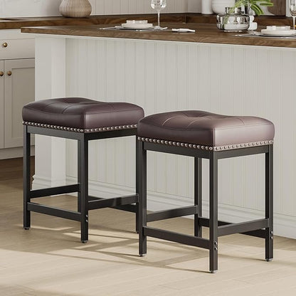 MALOL Set of 6 Saddle Bar Stools Counter Height 24.4”, Backless Barstools for Kitchen Island, Modern PU Leather Cushioned Seat, Bar Chairs for Kitchen Counter, Breakfast Bar Stools for Home,Brown
