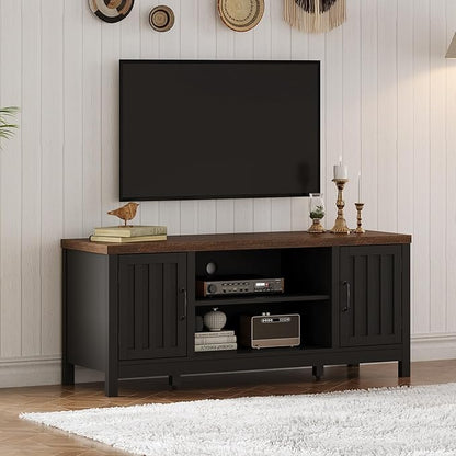 ChooChoo Farmhouse TV Stand for Televisions up to 55 inches, Entertainment Center Console Table Media Furniture with Storage Cabinets and Open Shelves, Fluted Door, for Living Room Bedroom, Black