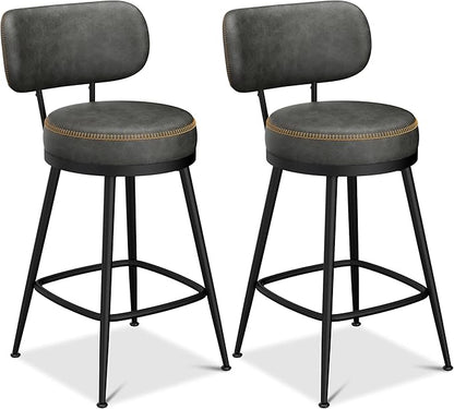 Counter Height Bar Stools, 26" H Swivel Barstools Set of 6, Faux Leather Kitchen Counter Stools with Back and Stylish Stitching, Metal Frame, Pub, Home Bar, Black Grey