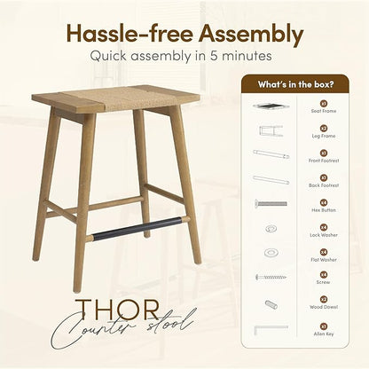 Thor Wicker Counter Height Wooden Counter Stool with Hand-Knitted Rope, K/D, Backless Island 24" Wicker Stool for Kitchen, Solid Wood, Eco-Friendly, Modern Design (Light Brown)