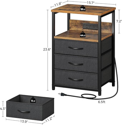 Seventable Nightstand with Charging Station and LED Light, Set of 2 Side Table with 3 Fabric Drawers, Bedside End Table with USB Ports and Outlets, Night Stand for Bedroom, Rustic Brown