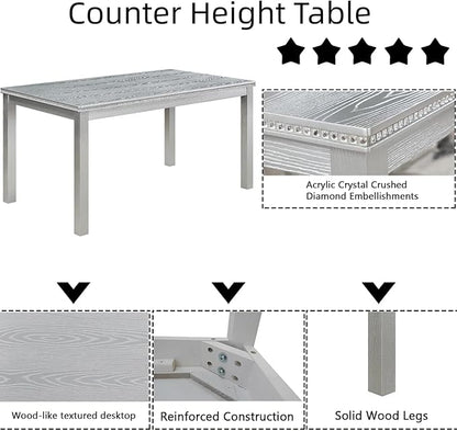 Dining Table Set for 5, 6 Piece Dining Room Table Set with Rectangular Crystal Decoration Table, 4 Upholstered Backrest Chairs and Bench, Counter Height Kitchen Sets with MDF Tabletop, Grey