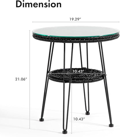 Muse & Lounge Co. Ysar Boho 19-inch Round Coffee Table Outdoor with Tempered Glass Top and Metal Frame, Handcrafted Coastal Furniture for Patio, Poolside, Garden, Yard, Black