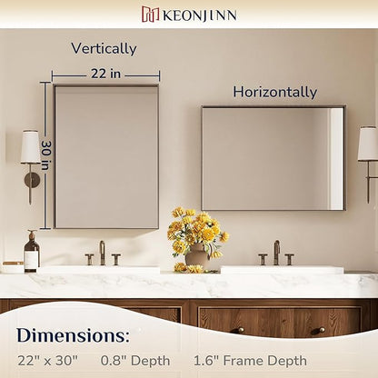 Keonjinn 22 x 30 in Brushed Bronze Framed Mirror for Bathroom, Bronze Vanity Mirrors for Over Sink, Square Corner, Modern Farmhouse Style, Aluminum Alloy Frame(Horizontal/Vertical)