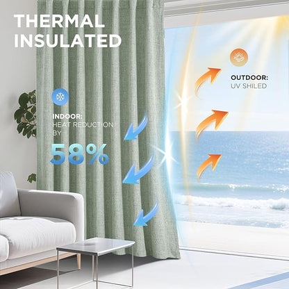 Joydeco 100% Blackout Curtains for Bedroom - Natural Linen Curtains 100" W x 96" L Long, Thermal Insulated 1 Panels Sage Green Light Blocking Drapes, Rod Pocket & Back Tabs for Living Room