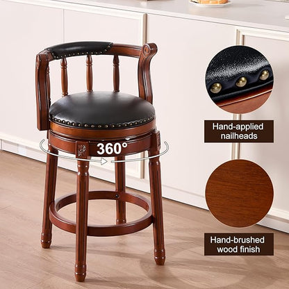 Cow top Leather Wooden Bar Stools, 360 Degree Swivel Bar Height Chair with Backs for Home Kitchen Counter, Morden Chair Barstools (Black-2pc, Bar Height-Seat Height 29.5”)