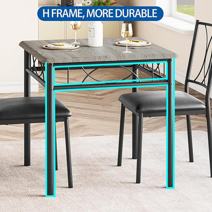 GarveeHome Small Dining Table Set for 2, Square Table and Chairs Set of 2, 3 Piece Kitchen Table Set of 2 with Upholstered Chairs, Dinner Table Set for 2 for Small Spaces, Apartment, Rustic Gray