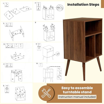 Record Player Table – 20 x 15.75 x 32 Inches- Vintage Decor Side Table with Wood Legs, Record Holder Stand - Walnut Finish Retro Furniture Storage Cabinet for Living Room, Bedroom, Kitchen