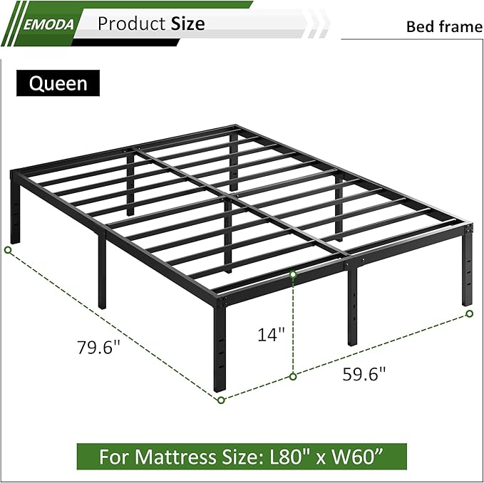 EMODA Queen Bed Frame No Box Spring Needed 14 Inch Heavy Duty Metal Platform BedFrame Queen Size with Steel Slats, Easy Assembly, Black