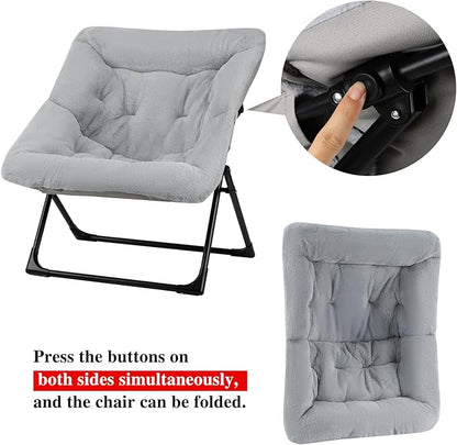 Comfy Saucer Chair for Adults, Soft Faux Fur Bedroom Chair with Ottoman, Accent Dorm Chairs, Living Room Reading Chairs and Footstool, Folding Lounge Seat for Teens, X-Large, Grey