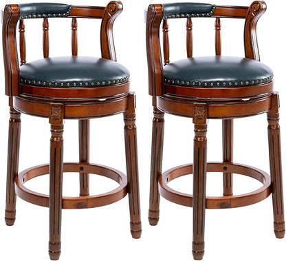 Cow top Leather Wooden Bar Stools, 360 Degree Swivel Bar Height Chair with Backs for Home Kitchen Counter, Morden Chair Barstools (Dark Blue 2pcs, Counter Height-Seat Height 26”)