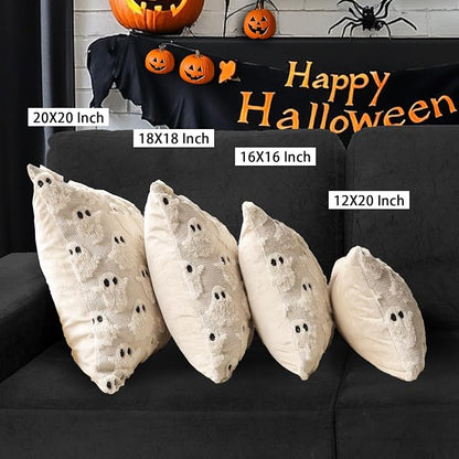 4TH Emotion Halloween Ghost Decorative Pillow Covers 18x18 Set of 2, Beige Soft Plush Faux Fur Farmhouse Throw Cushion Cases for Fall Autumn Holiday Home Decorations