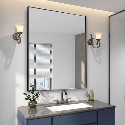 30x36 Inch Black Bathroom Mirror for Wall, Aluminum Frame Rectangle Rectangular Vanity Mirror, Modern Large for Bedroom, Living Room, Horizontal or Vertical