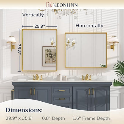 Keonjinn 30 x 36 Inch Brushed Gold Bathroom Mirror Metal Framed Rectangle Wall Gold Vanity Mirror for Bathroom Gold Rectangle Mirror for Bathroom Over Sink(Horizontal/Vertical)