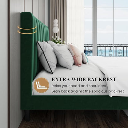 SHA CERLIN Queen Bed Frame/Velvet Upholstered Platform Bed Frame with Headboard/Strong Wood Slats Support/Mattress Foundation/No Box Spring Needed - Green
