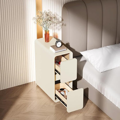 VICITON Modern Narrow Faux Leather Nightstand, Solid Wood Drawer, Storage Accent Table, Small Side End Table for Bedroom (Cream White, Narrow)