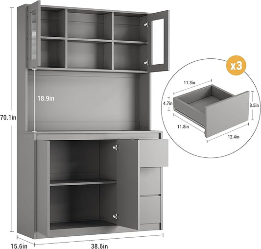 Kitchen Pantry Cabinet,71" Tall Storage Cabinet with Doors and Shelves Adjustable, Kitchen Storage Hutch with Microwave Shelf, Led Lights and Charging Station,Corner Pantry Cabinet,Grey