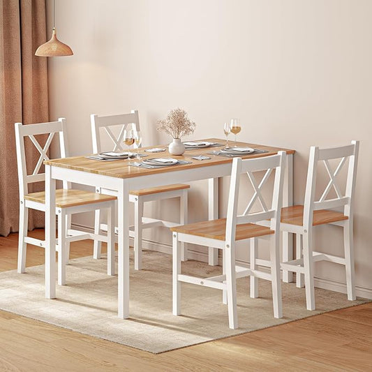 soges Dining Table Set for 4, 42.5 inch Pine Wood Dining Room Table with 4 Chairs, 5-Piece Kitchen Table Chairs Set for Small Space, Apartment, Dinette, Breakfast, White & Oak