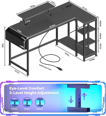 40 inch Gaming Desk with USB Power Outlet and LED Light- Reversible L Shaped Desk with Storage Bag,Computer Desk with Adjustable Monitor Stand& Storage Shelves and CPU Stand,Corner Desk Table